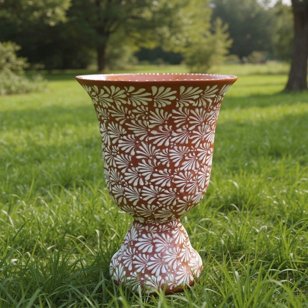 XL Brown & White Talavera Pedestal Planter | Handmade Flower Pot The Talavera Hub