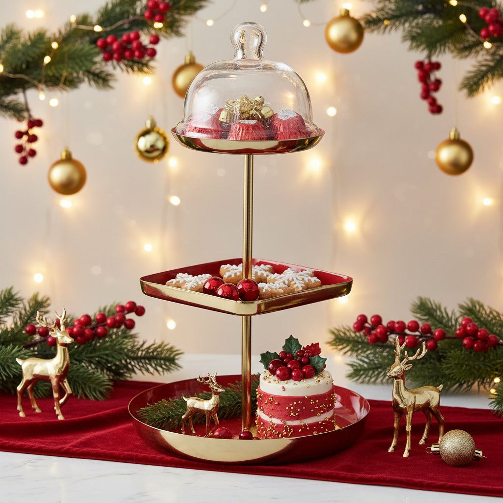 Enameled Metal 3-Tier Tray with Glass Cloche Thenestedfig